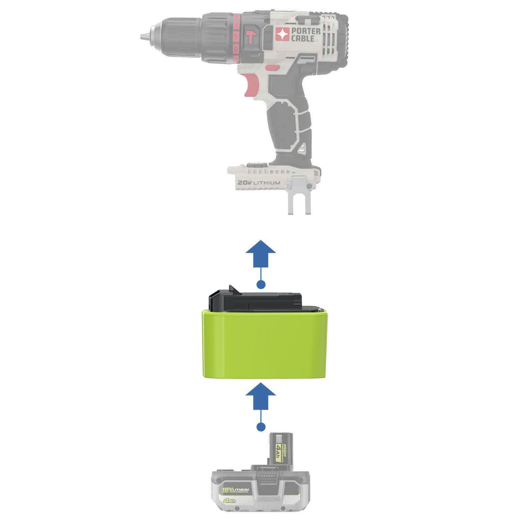 Ryobi 18V ONE+ to Porter Cable 20V battery adapter - compatibility diagram showing battery, adapter and hammer drill