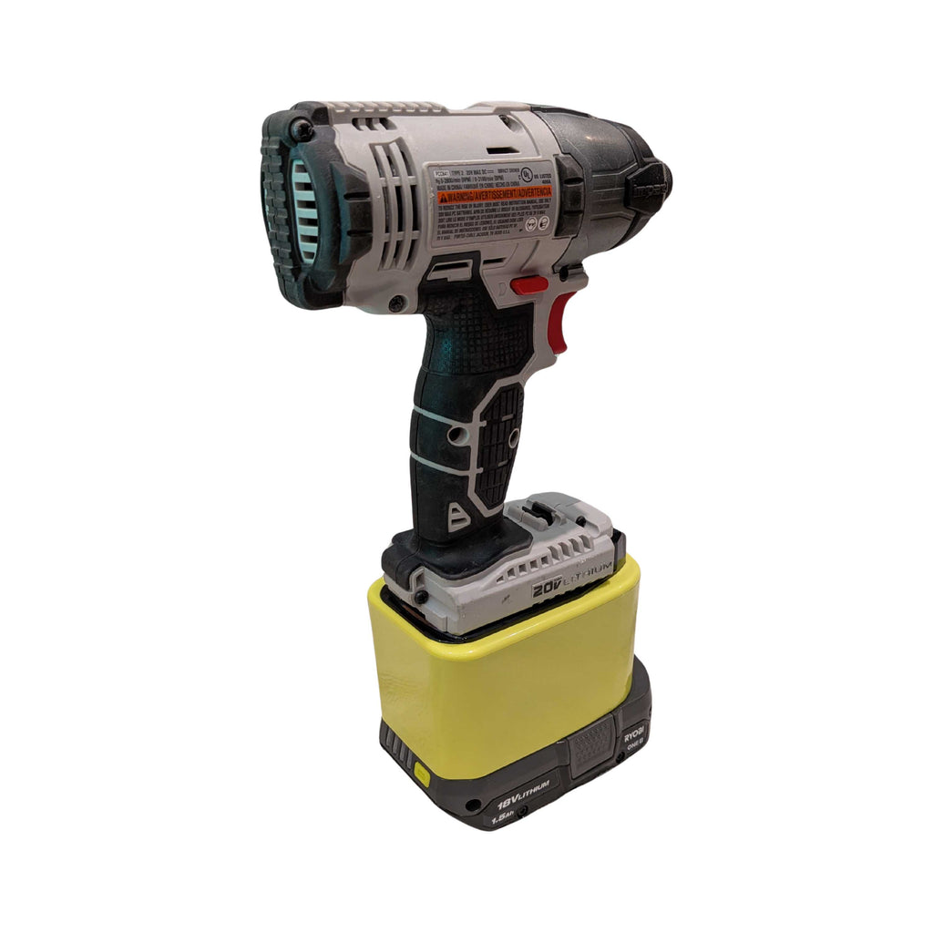 Ryobi 18V ONE+ to Porter Cable 20V battery adapter - installed on an impact driver, rear view with the battery pack fitted