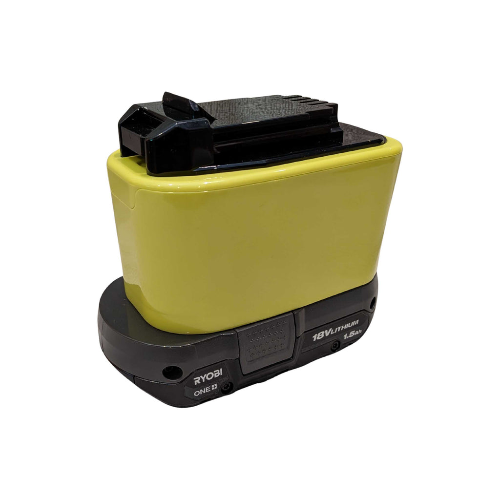 Ryobi 18V ONE+ to Porter Cable 20V battery adapter - fitted to the Ryobi 18V ONE+ battery, tool-side connection upward