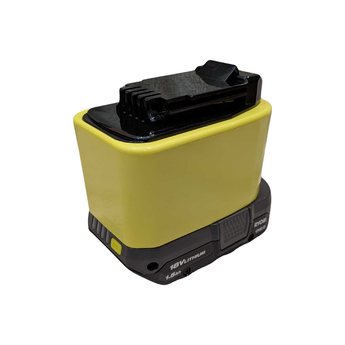 Ryobi 18V ONE+ to Porter Cable 20V battery adapter - fitted to the battery, tool-side connection upward, rail channel visible