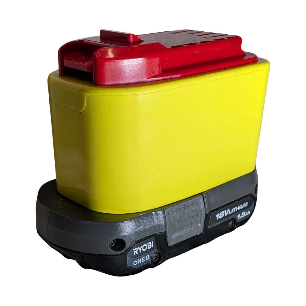 Ryobi 18V ONE+ to Stanley V20 battery adapter - fitted to the Ryobi 18V ONE+ battery, tool-side rails and catch upward