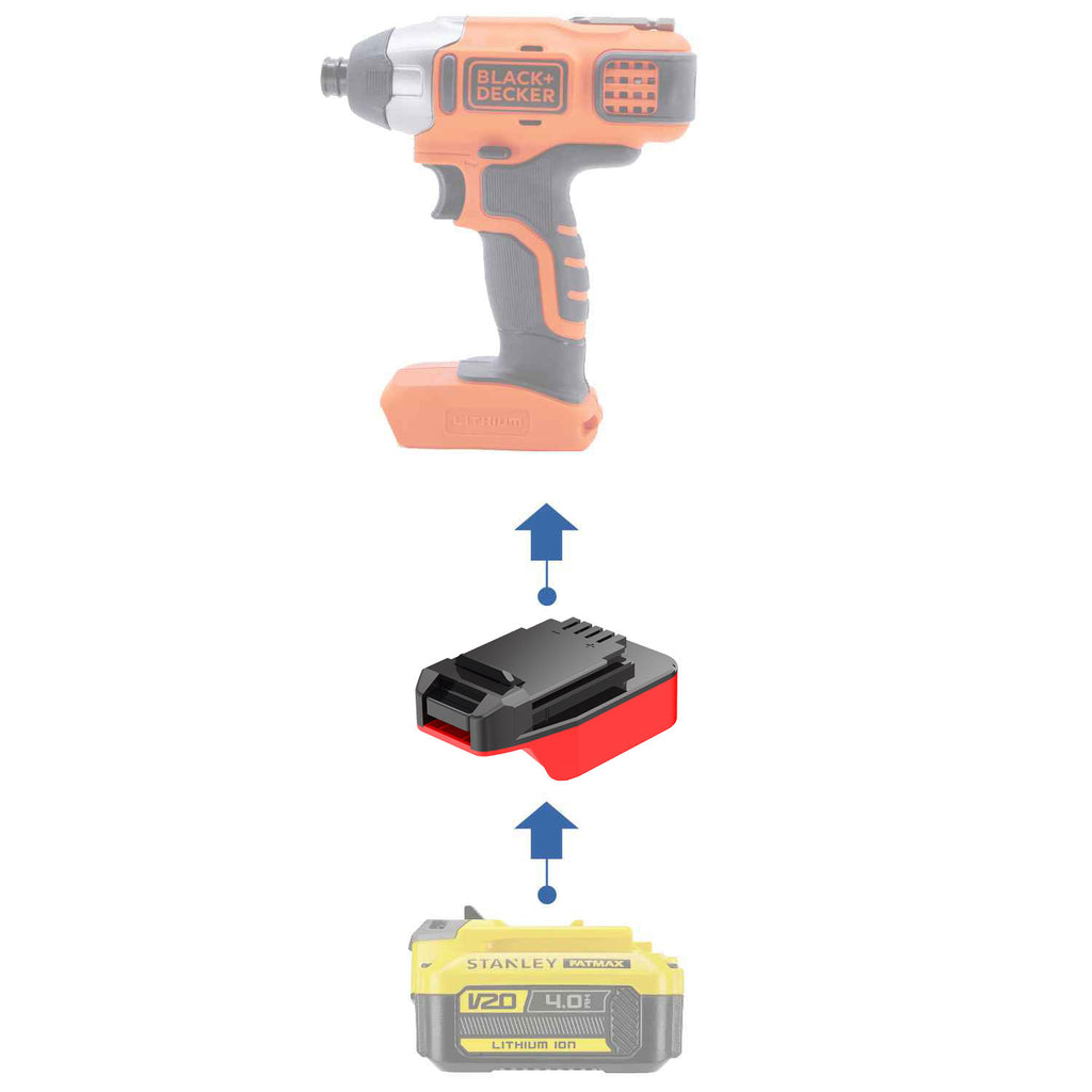 Stanley V20 to Black and Decker 20V battery adapter - compatibility diagram showing battery, adapter and impact driver
