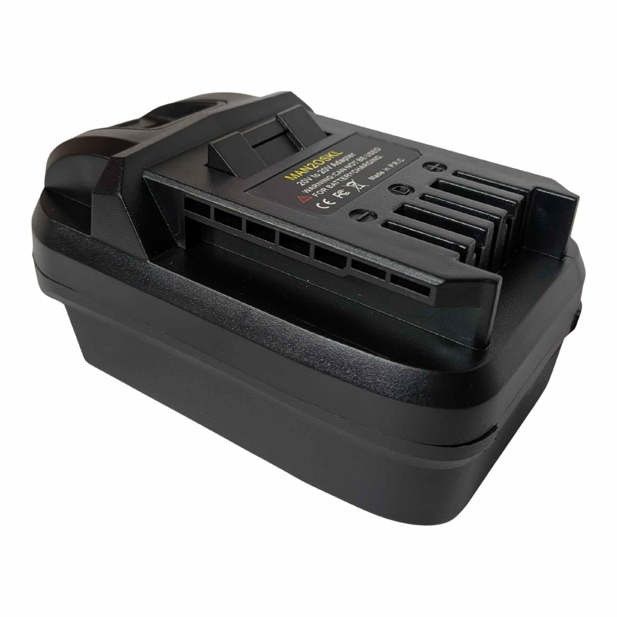 Stanley V20 to SKIL 20V PWR CORE battery adapter - SKIL tool-side connection with five contact slots and the warning label