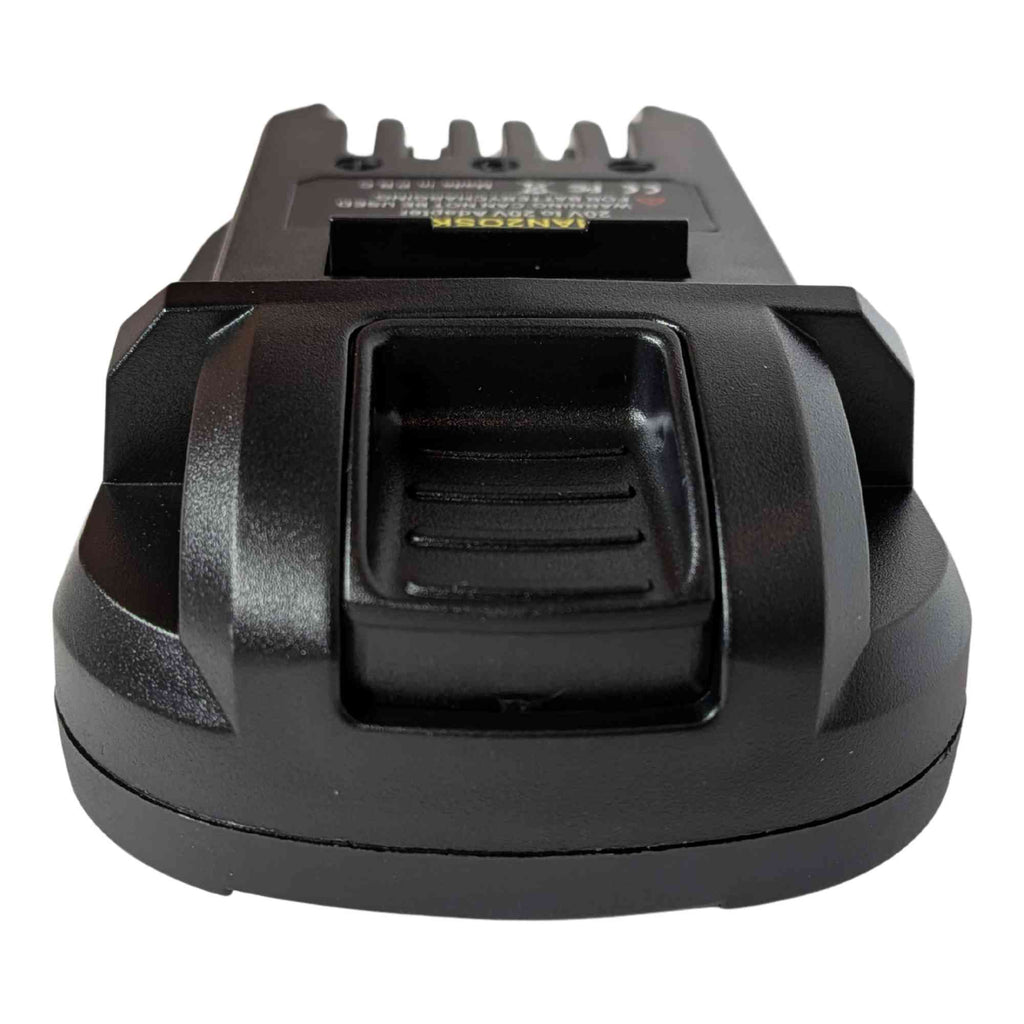 Stanley V20 to SKIL 20V PWR CORE battery adapter - nose-on view of the ribbed release catch on the SKIL tool-side connection