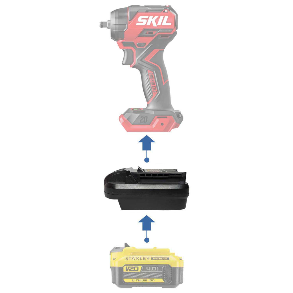 Stanley V20 to SKIL 20V PWR CORE battery adapter - compatibility diagram showing battery, adapter and impact wrench