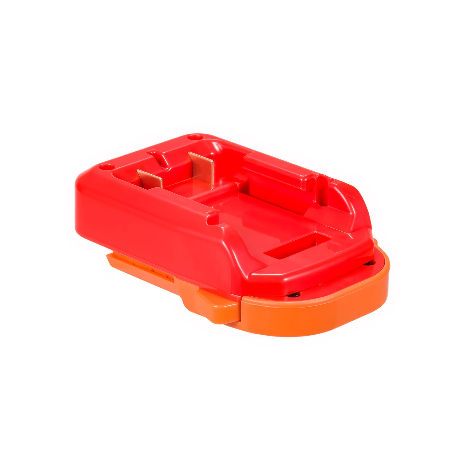 Stanley V20 to AEG 18V battery adapter - battery-side connection with the recess and twin copper blades, tool-side base below