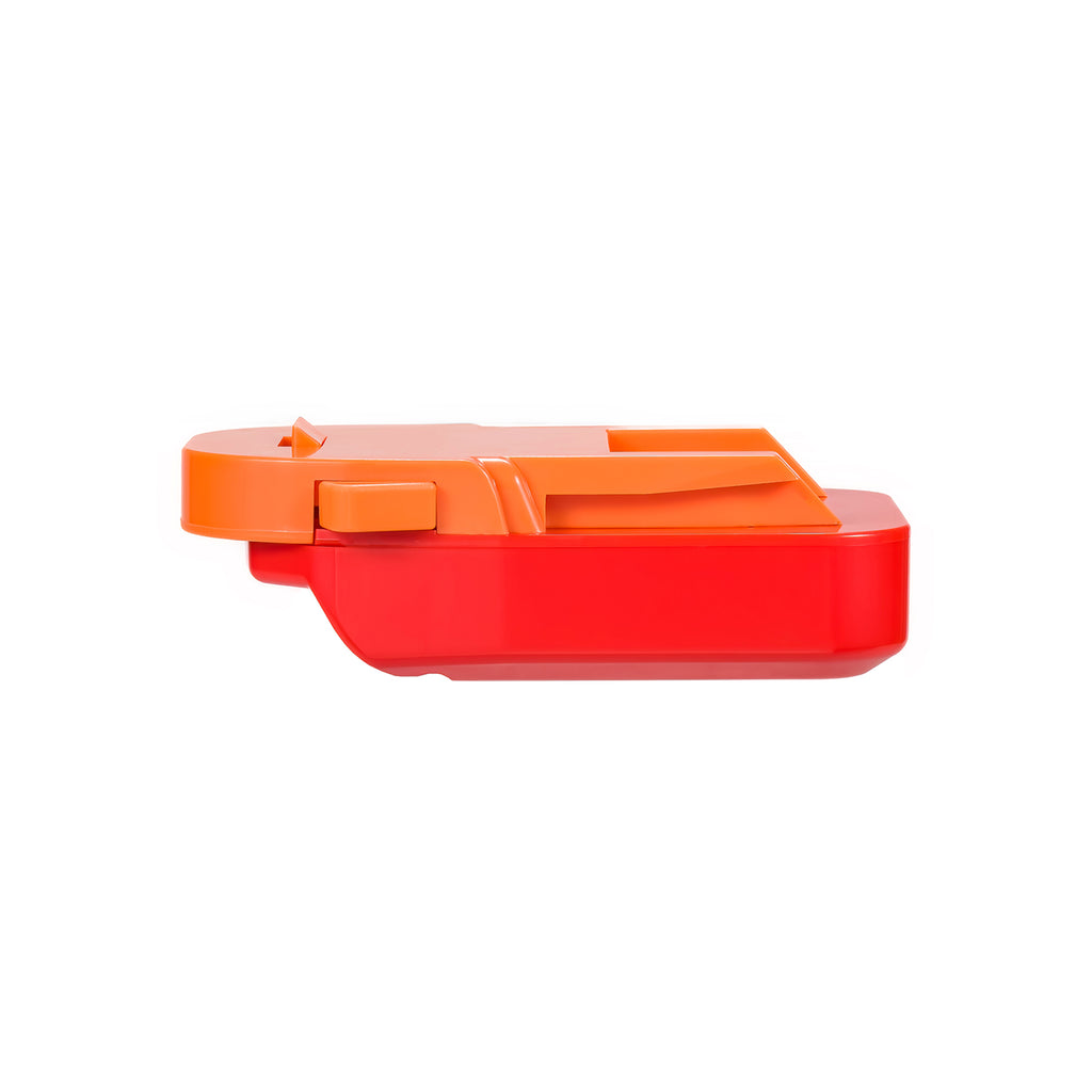 Stanley V20 to AEG 18V battery adapter - side view showing both connections, tool-side rail above the battery-side body