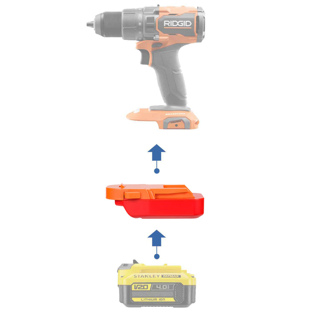 Stanley V20 to AEG 18V battery adapter - compatibility diagram showing battery, adapter and drill