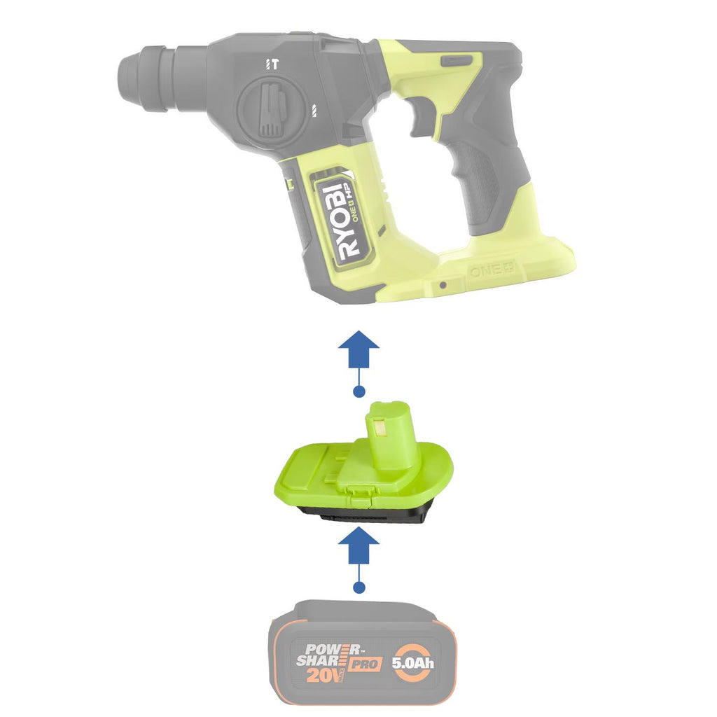 WORX 20V PowerShare (Orange) to Ryobi 18V ONE+ battery adapter - compatibility diagram showing battery, adapter and drill