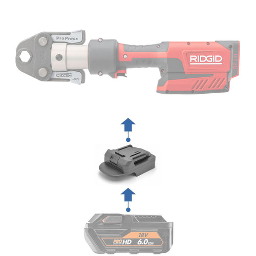 AEG 18V to RIDGID Plumbing battery adapter - compatibility diagram showing battery, adapter and press tool