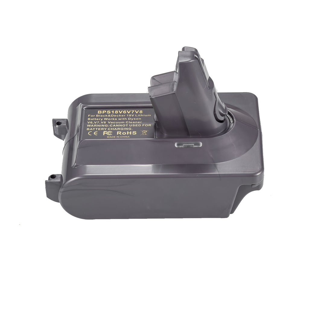 Black and Decker 20V to Dyson V6 battery adapter - Dyson V6 tool-side post upright with the printed label beside it