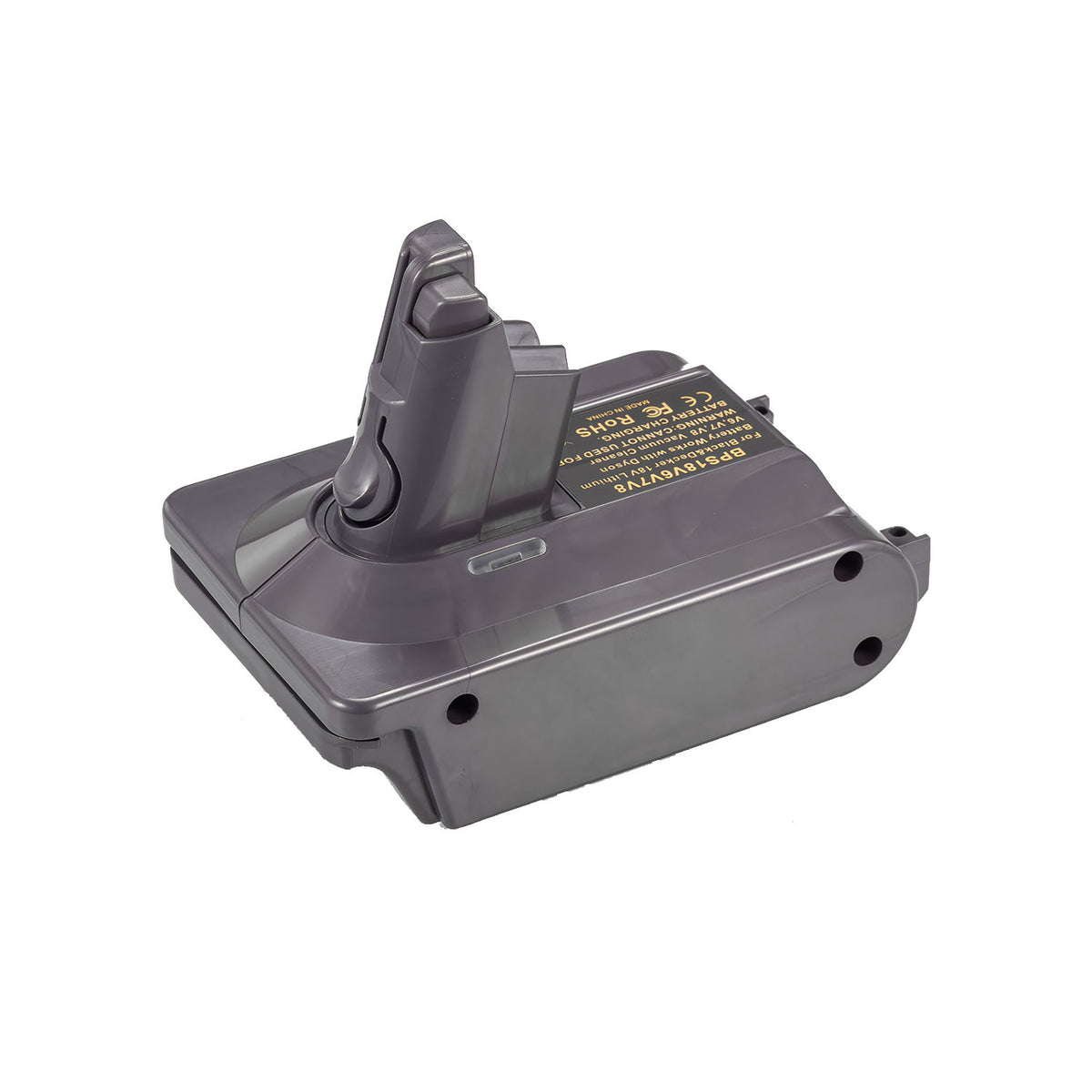 Black and Decker 20V to Dyson V6 battery adapter - Dyson V6 tool-side post upward on the battery-side body