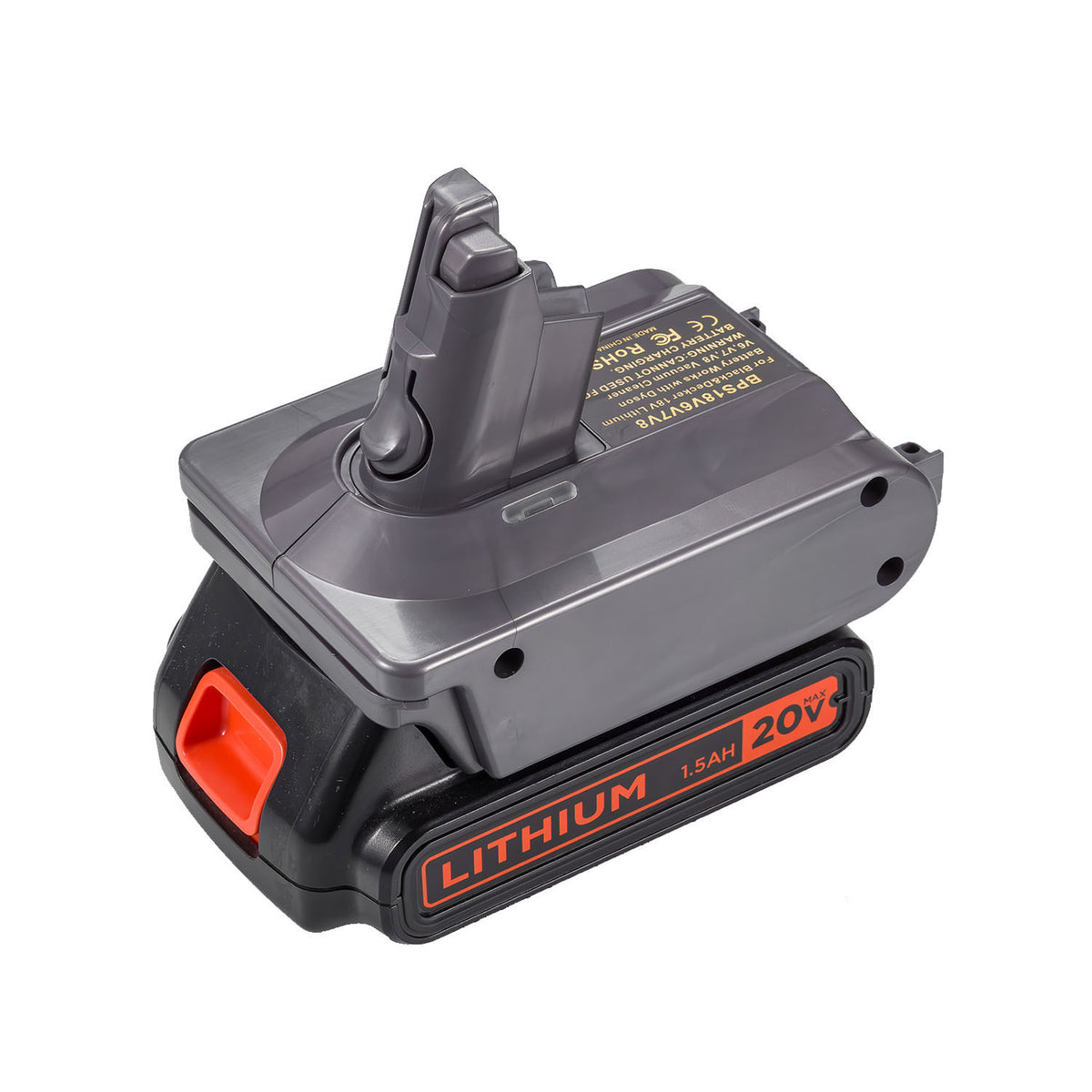 Black and Decker 20V to Dyson V8 battery adapter - fitted to the Black and Decker 20V battery, Dyson tool-side stem upward