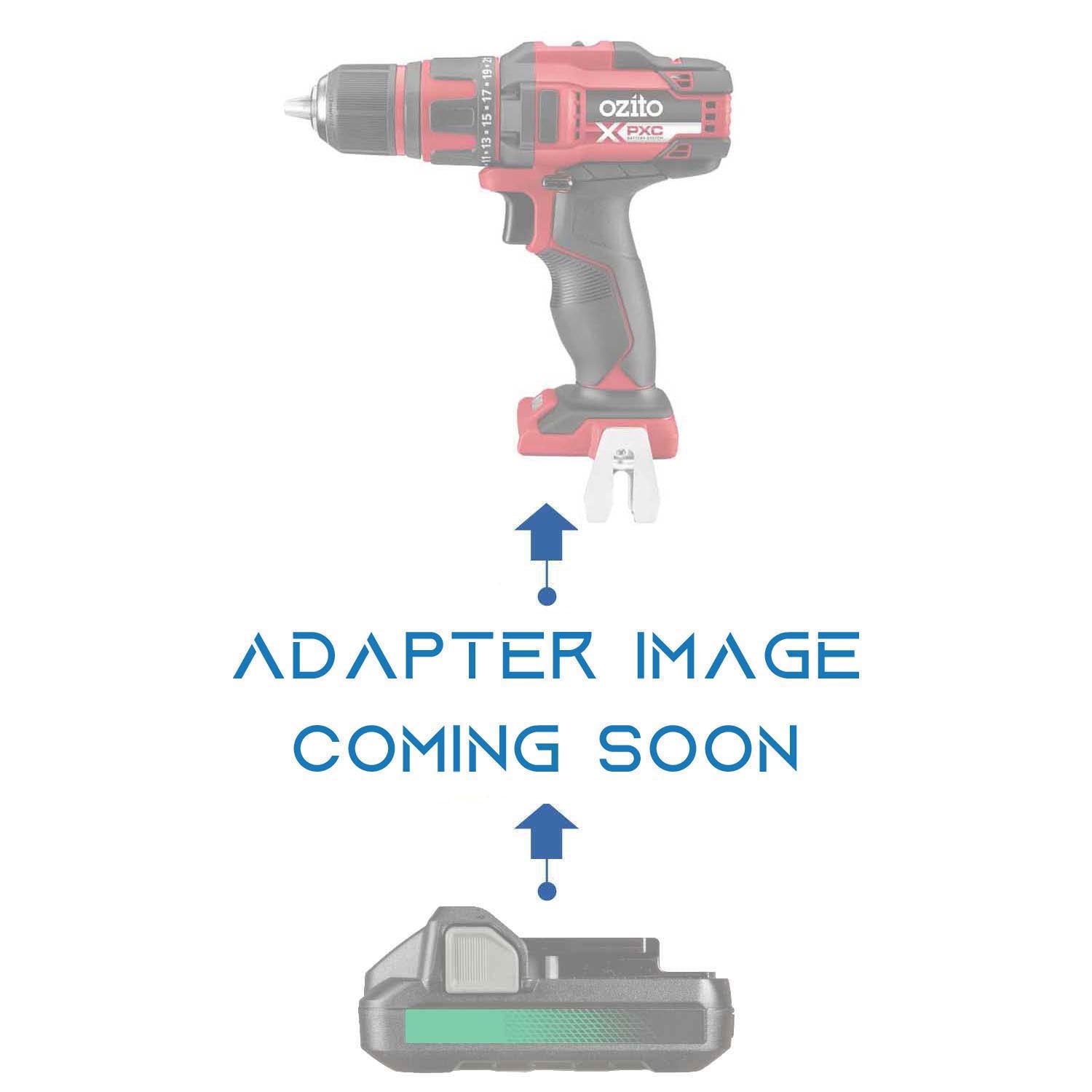 Metabo HPT 18V to Ozito 18V PXC battery adapter - placeholder text reading adapter image coming soon, cordless drill above