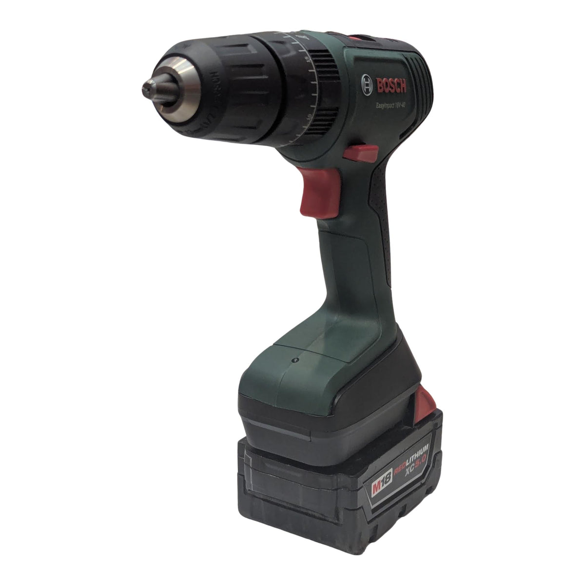 Milwaukee M18 to Bosch 18V PBA (Green) battery adapter - installed on a drill driver above the battery