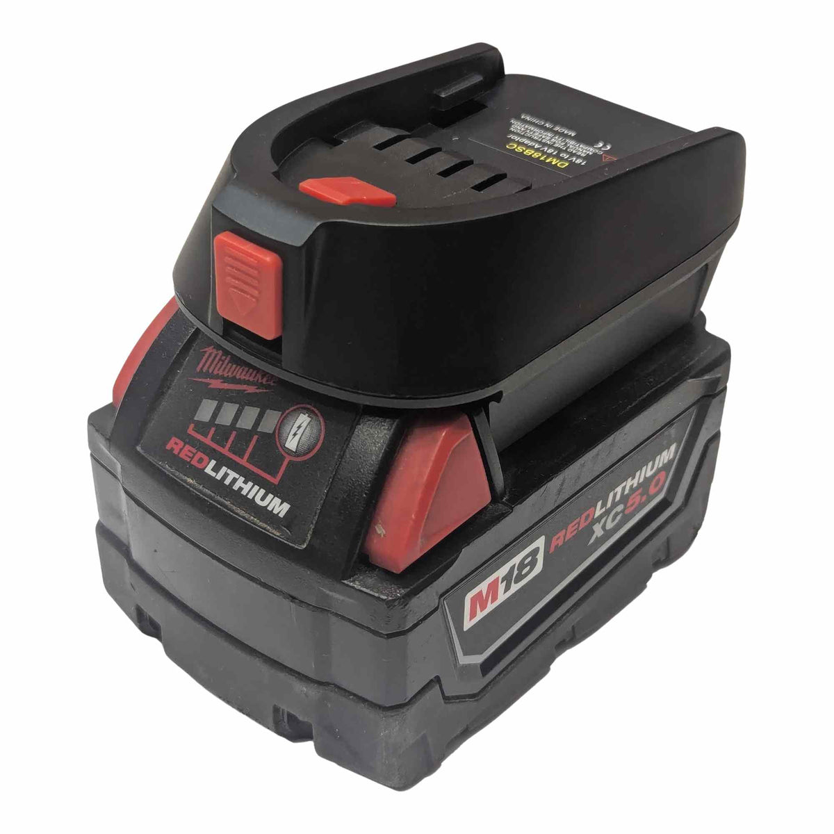 Milwaukee M18 to Gardena 18V P4A battery adapter - installed on battery