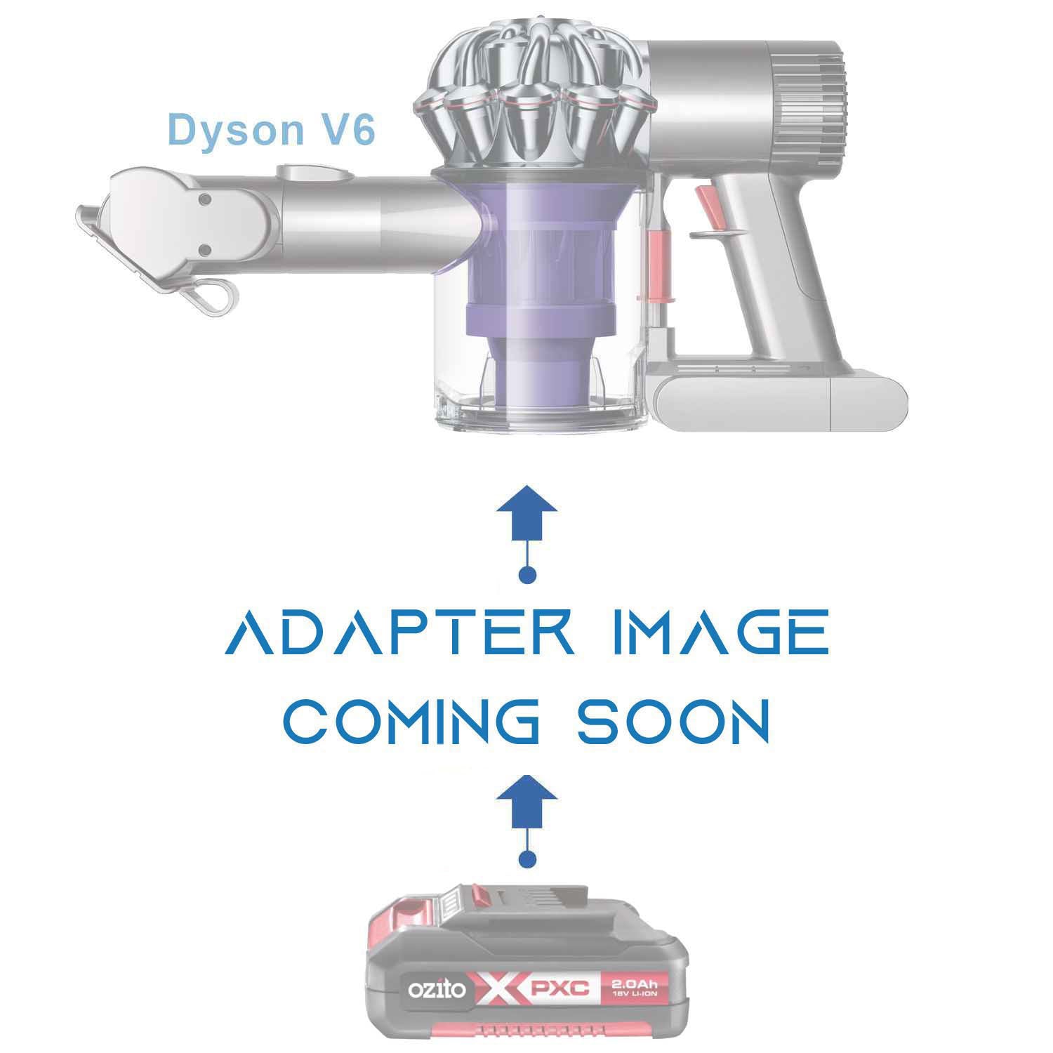 Ozito 18V PXC to Dyson V6 battery adapter - placeholder text reading adapter image coming soon, cordless vacuum above