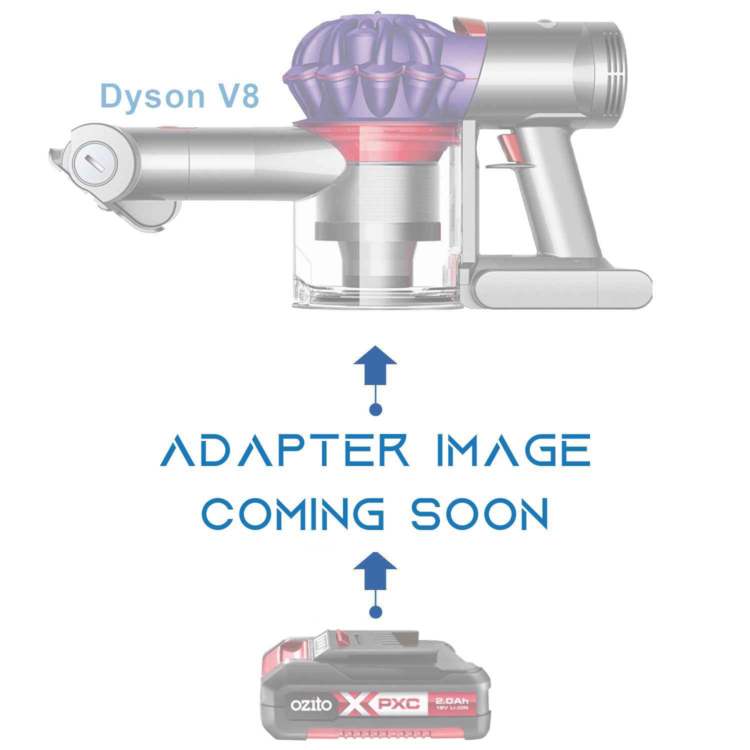 Ozito 18V PXC to Dyson V8 battery adapter - placeholder text reading adapter image coming soon, cordless vacuum above