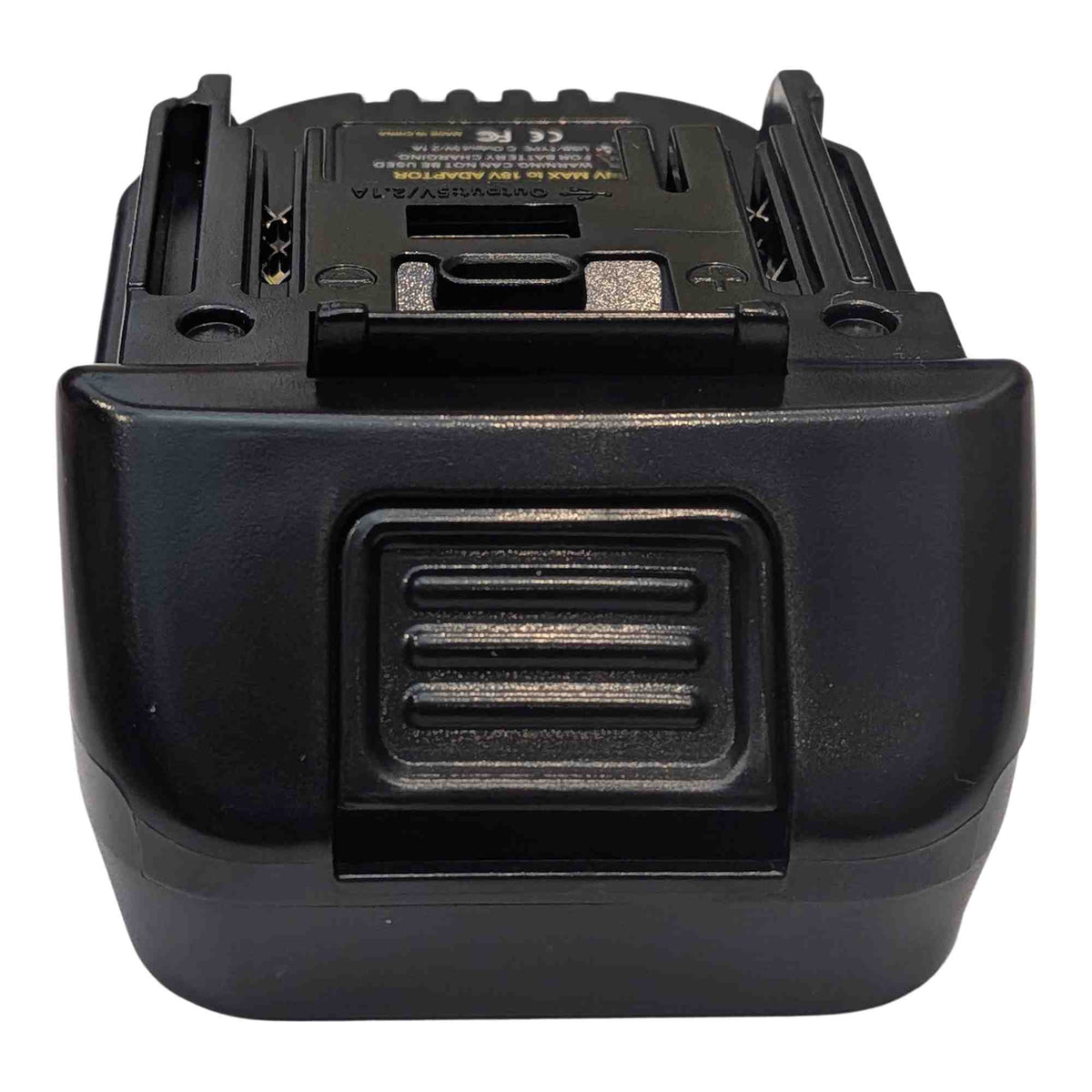 Ozito 18V PXC to RIDGID Plumbing battery adapter - front view, ribbed oval panel below the RIDGID tool-side connection