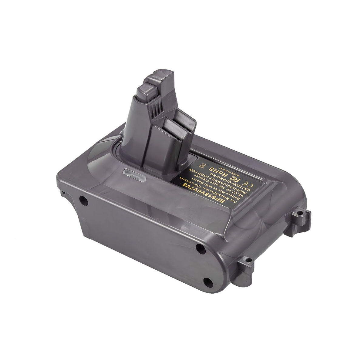 Porter Cable 20V to Dyson V6 battery adapter - Dyson tool-side connection, hooked stem and printed spec label