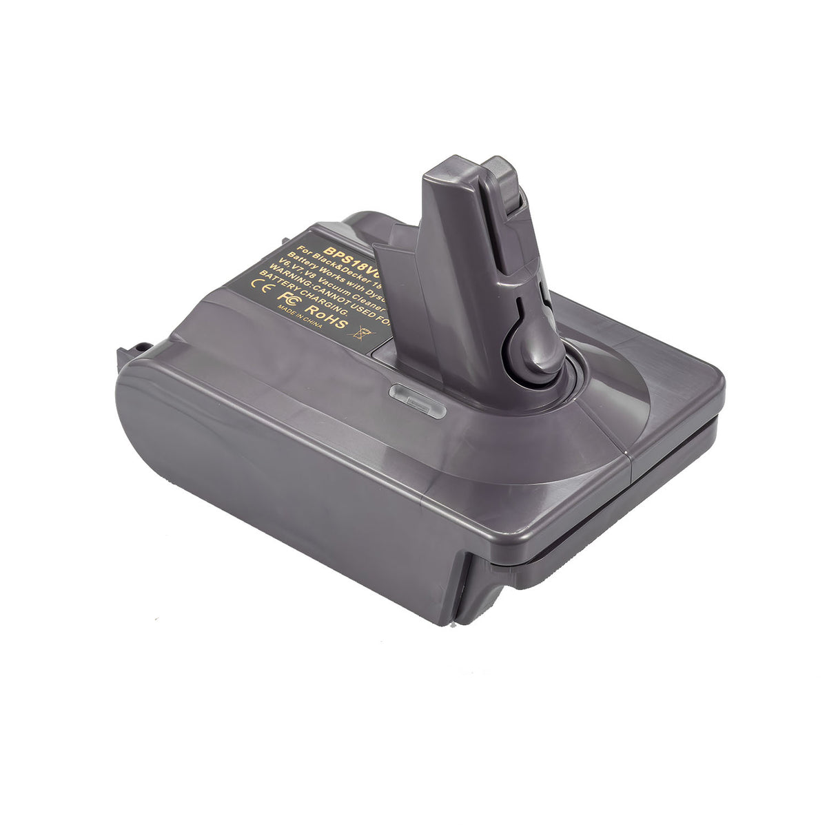 Porter Cable 20V to Dyson V6 battery adapter - Dyson tool-side connection, hooked stem and printed spec label