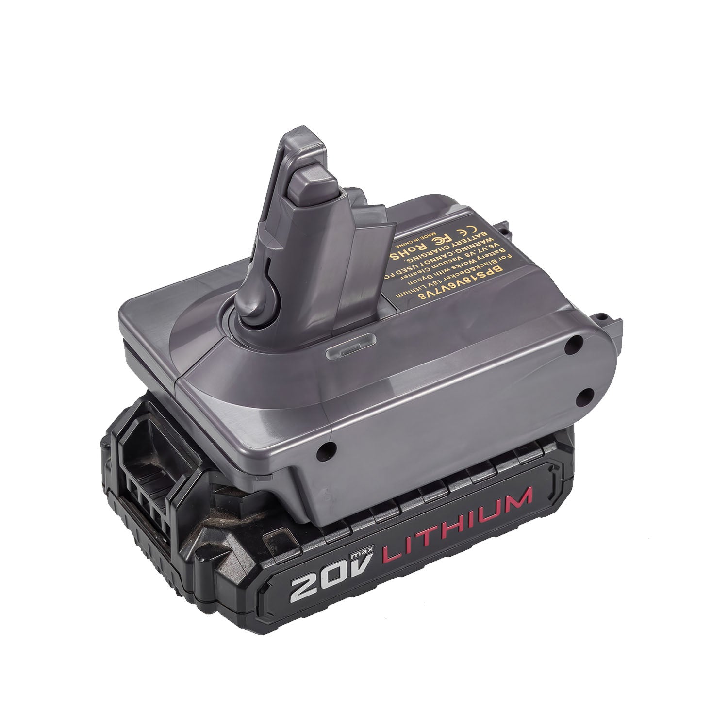 Porter Cable 20V to Dyson V7 battery adapter - fitted to the Porter Cable 20V battery, Dyson tool-side stem upward