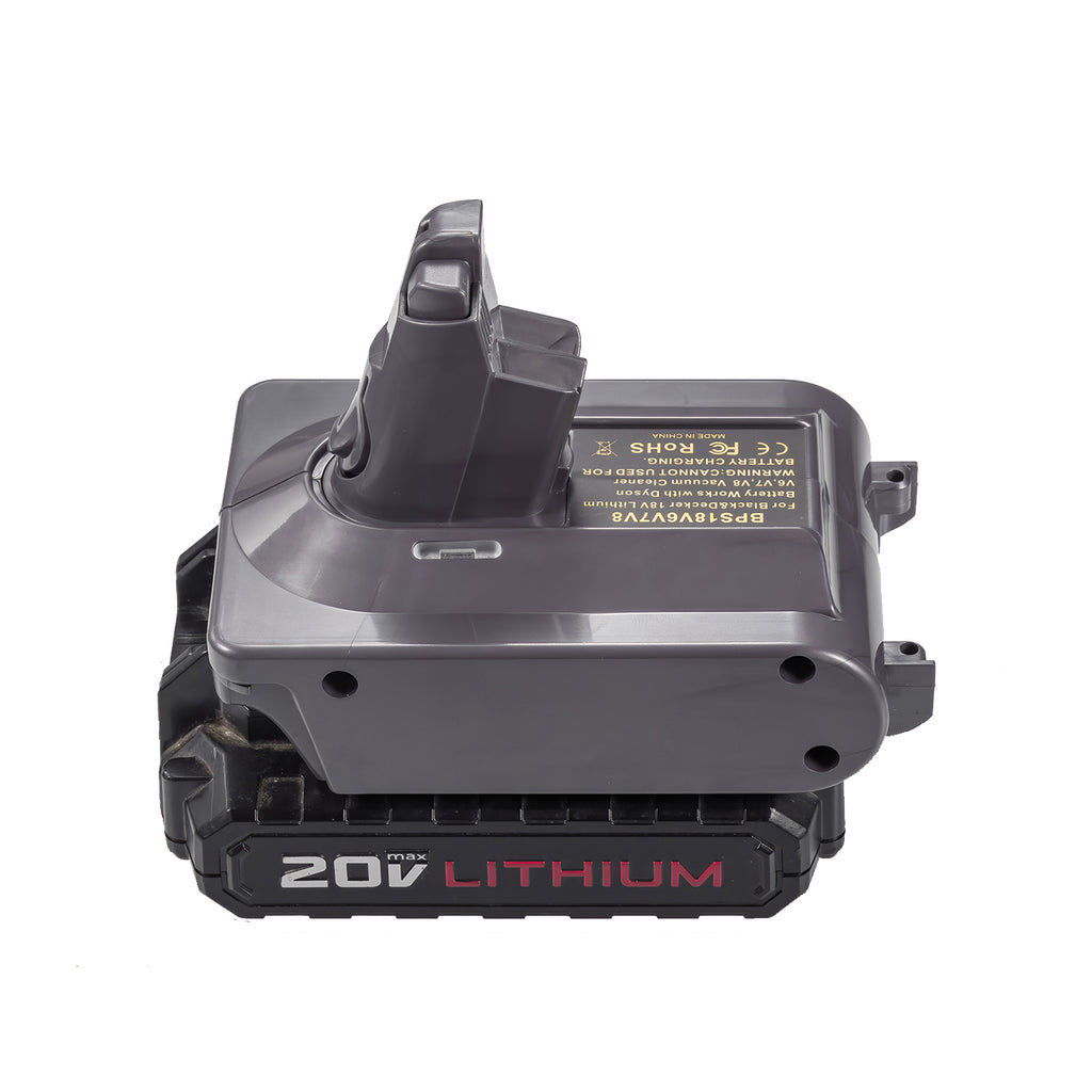 Porter Cable 20V to Dyson V8 battery adapter - fitted to the battery, Dyson tool-side stem upward, front view
