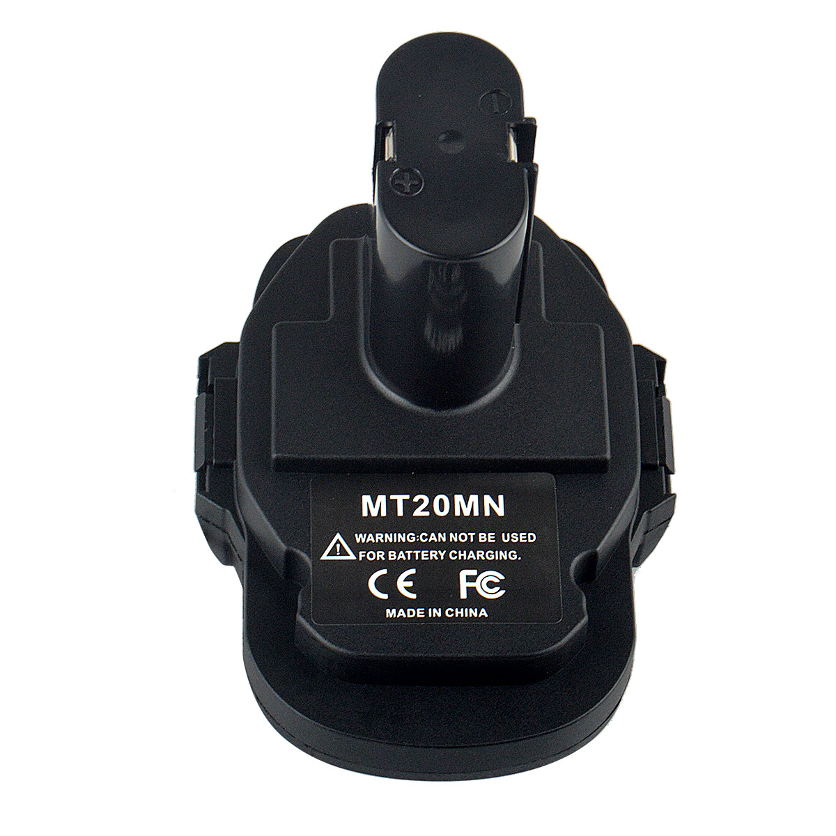 Makita 18V LXT to Makita 18V Ni-Cd/Ni-MH battery adapter - close-up of the tool-side post and its contacts, label below