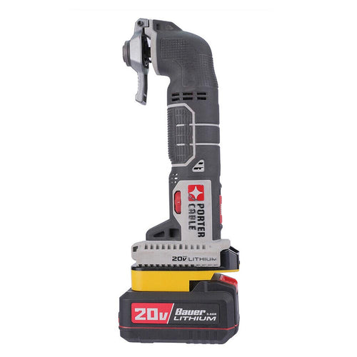 Bauer 20V to Porter Cable 20V battery adapter - installed on an oscillating multi-tool, with the battery below