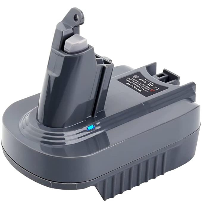 Makita 18V LXT to Dyson V6 battery adapter - Dyson tool-side stem with its latch above the body, lit indicator light