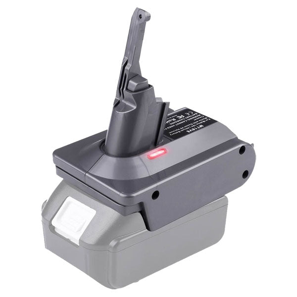 Makita 18V LXT to Dyson V7 battery adapter - Dyson tool-side stem with hooked release lever, faded battery outline below