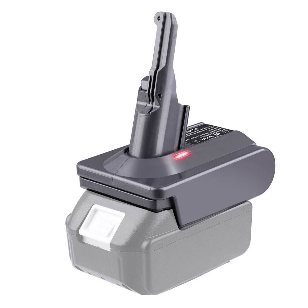Makita 18V LXT to Dyson V8 battery adapter - fitted to the Makita 18V LXT battery, tool-side post upward, indicator lit