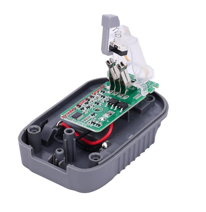Milwaukee M18 to Dyson V6 battery adapter - cutaway of the open shell showing the circuit board, wiring and contacts