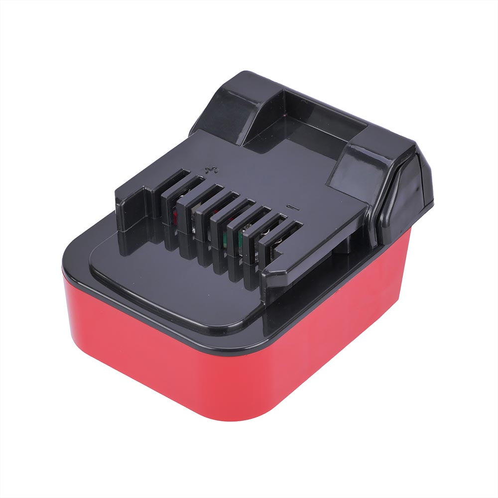 Milwaukee M18 to Metabo HPT 18V battery adapter - tool-side terminal fins with + and - marks over the red body