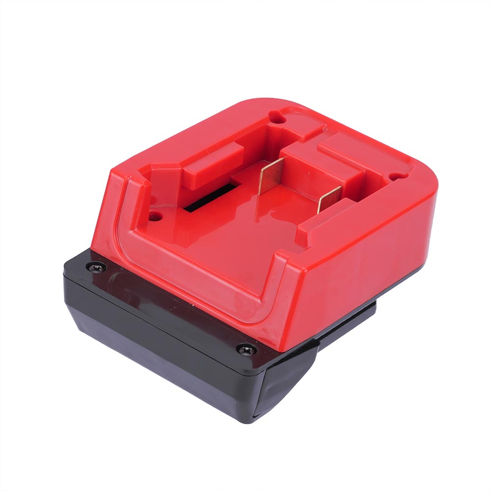 Milwaukee M18 to Metabo HPT 18V battery adapter - red battery-side face, twin copper blades over the black tool side